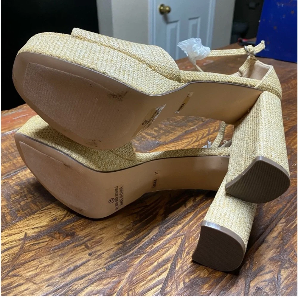 Lulus Kinuka Natural Raffia Ankle Strap High Heel Platform Sandals Size 11